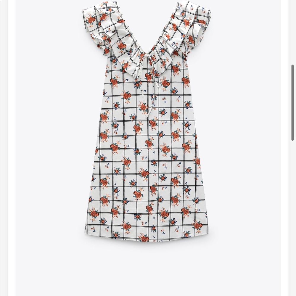 Zara White Black Floral Lattice Ruffle Sleeve Dress - NEW - S 4770451064 - Picture 4 of 8
